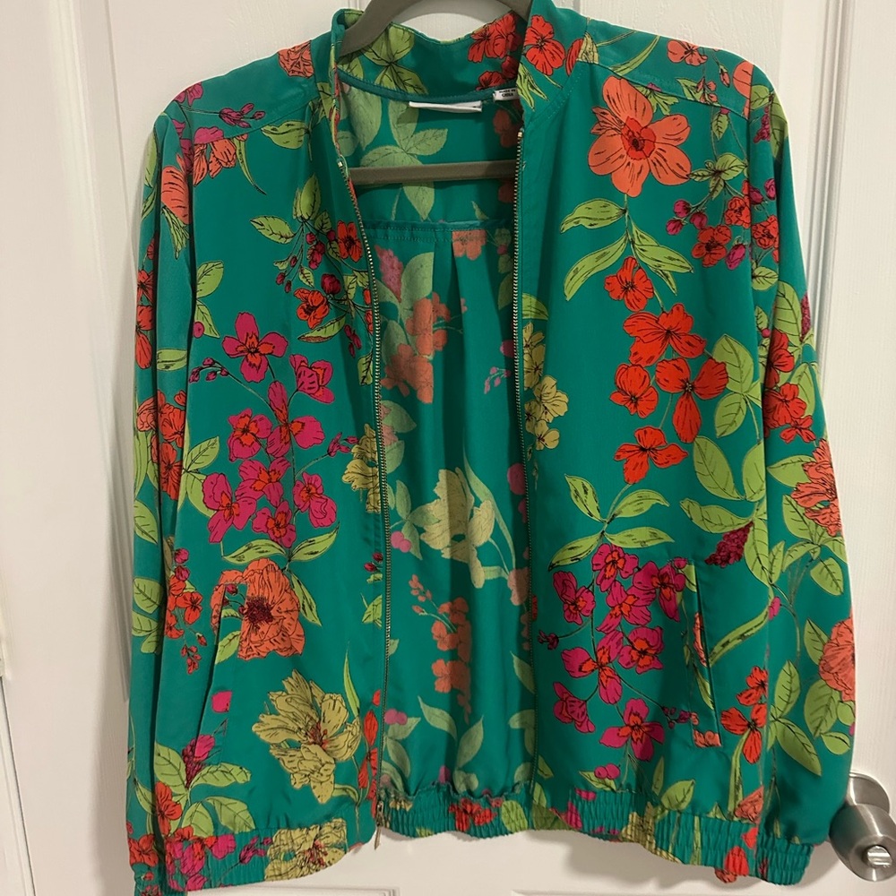 Floral Green and Pink Bomber Jacket, Size Small
